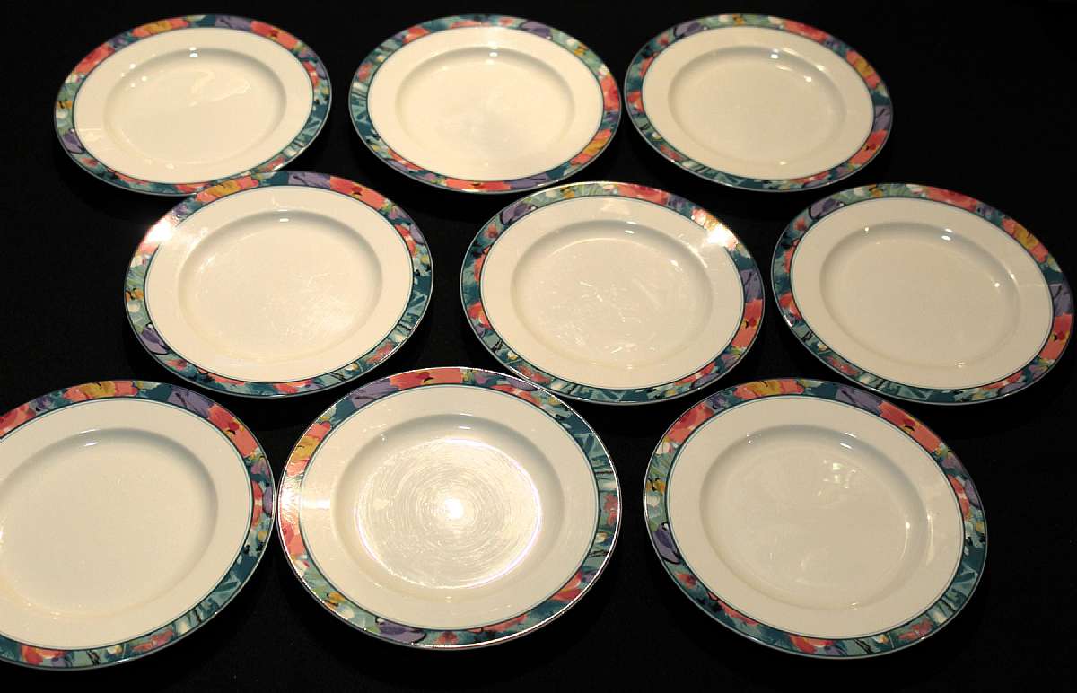 Up for sale are these Mikasa Love Bloom Set Of Nine Salad Plates in great condition with no chips or cracks. The plates measure approx. 8 1/4"W.  Shipping Excludes: Alaska/Hawaii, US Protectorates, APO/FPO, PO BoxShipping Provided to the United Sta