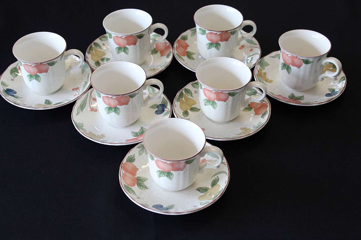 Up for sale are these Mikasa Fruit Panorama Set Of Seven Cups & Saucers in great condition with no chips or cracks. The cups measure approx. 3 1/2"T and the saucer s are 6 1/2"W.  Shipping Excludes: Alaska/Hawaii, US Protectorates, APO/FPO,