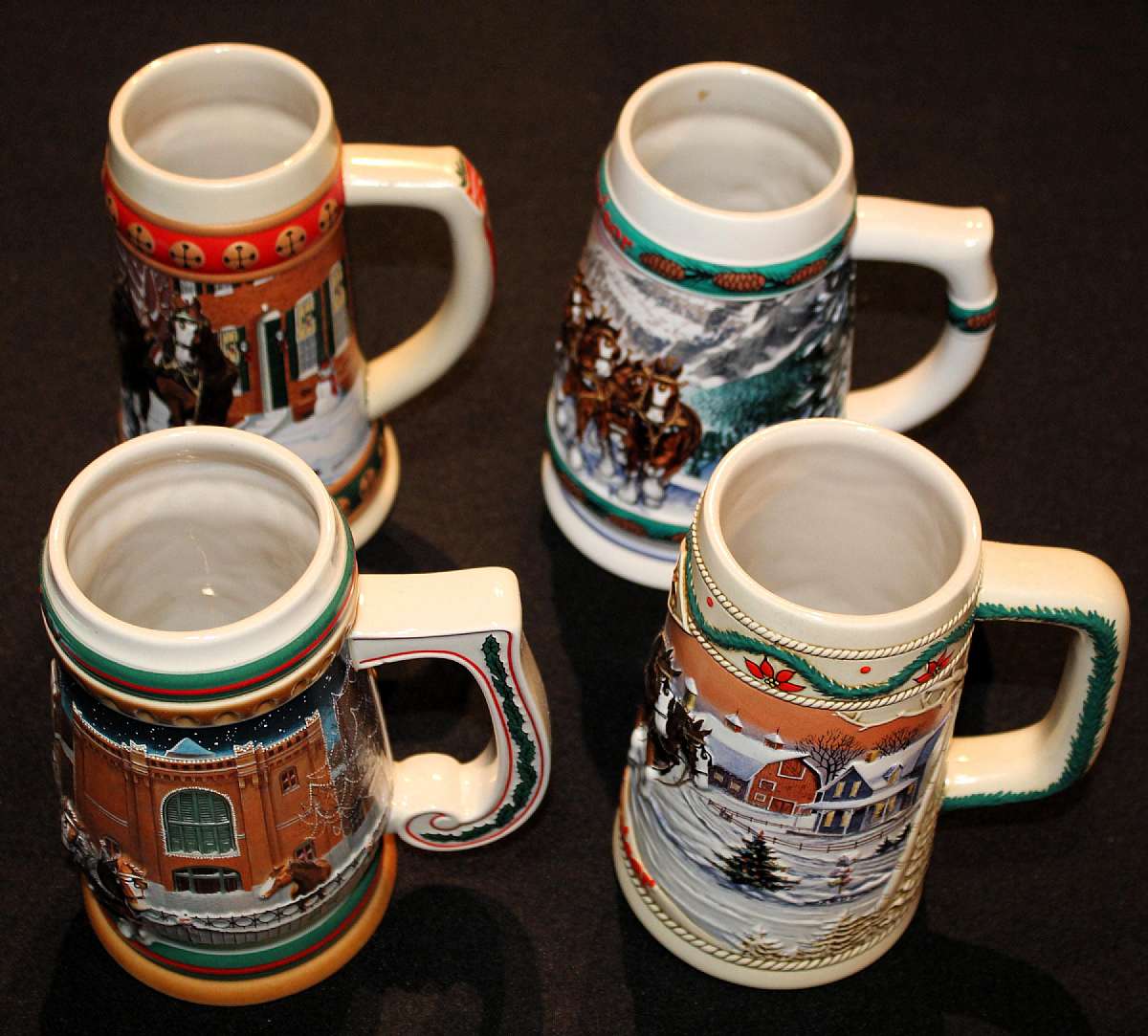 Up for sale are these Budweiser Set Of Four Different Stein Mugs in excellent condition with no chips or cracks. Shipping Excludes: Alaska/Hawaii, US Protectorates, APO/FPO, PO BoxShipping Provided to the United States Only.