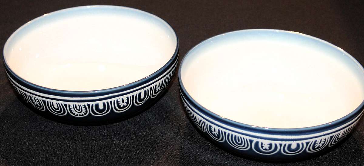 Up for sale are these Better Homes & Gardens Set Of Two Medallion Teal Serving Bowls in excellent condition with no chips or cracks or crazing. The Bowls measure approx. 9â€W by 3 3/8"D.Shipping Excludes: Alaska/Hawaii, US Prote