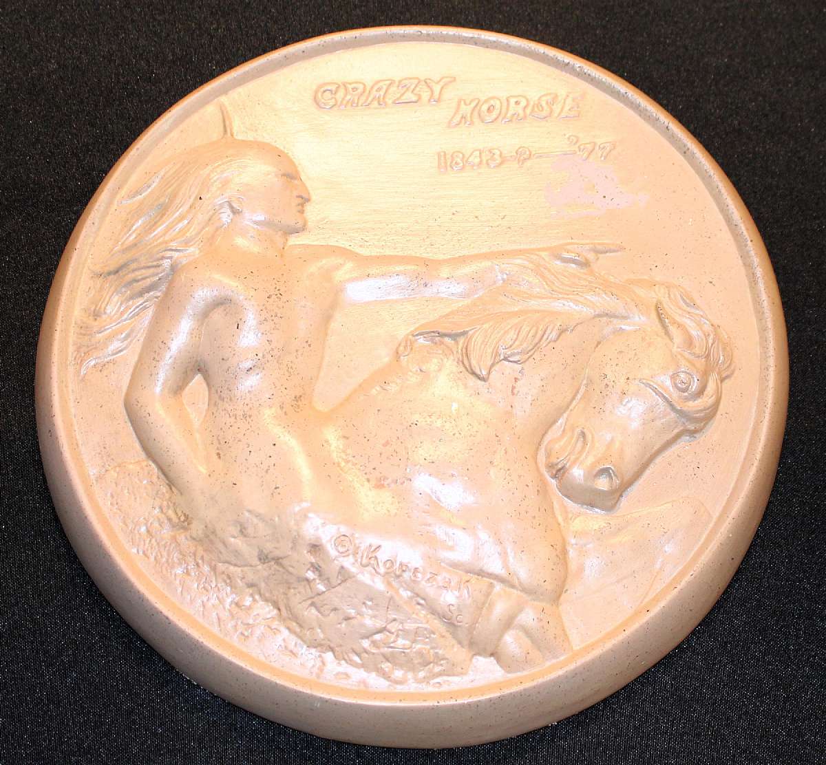 Up for sale is this great Monique Native American Artist Crazy Horse Signed Plaque # 580 in very good condition with slight wear and no chips or cracks. Measures approx. 10 7/8"W.   Monique, a well - known Native American artist renowned for her detailed