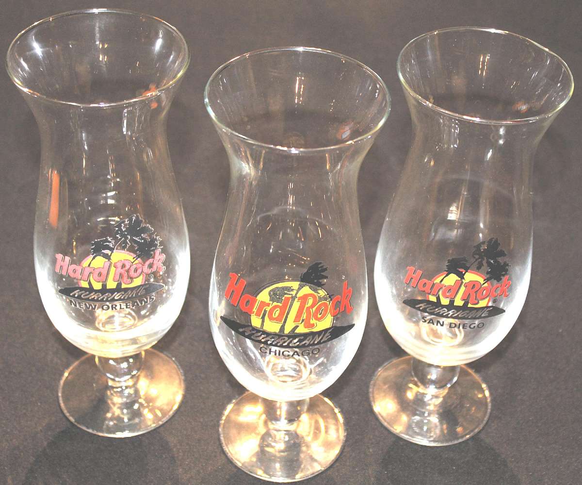 Up for sale are these Hard Rock Set Of Three Hurricane Glasses Chicago - New Orleans - San Diego in excellent condition with no chips or cracks. They measure approx. 9 1/4"T.Shipping Excludes: Alaska/Hawaii, US Protectorates, APO/FPO, PO BoxShippin