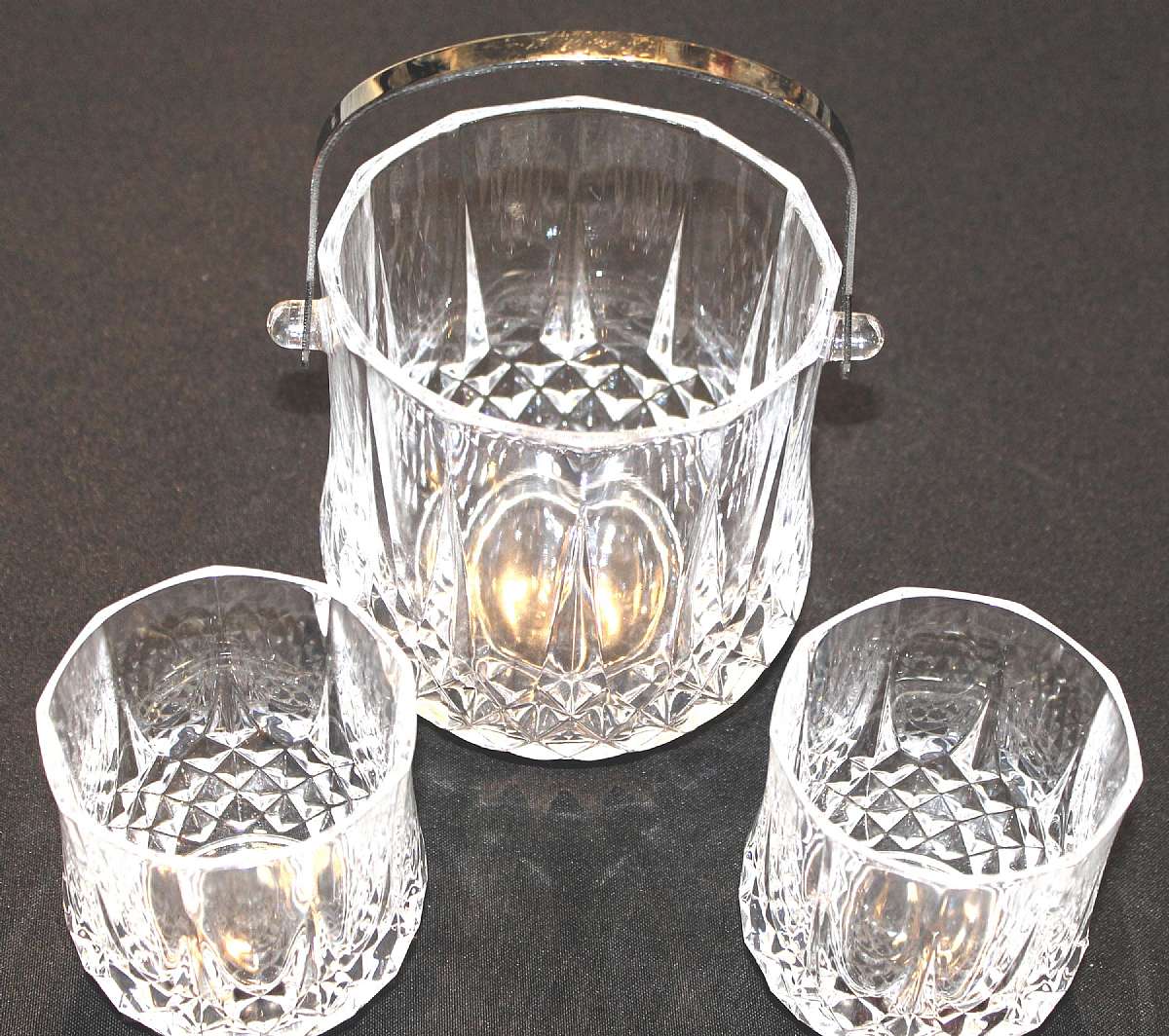 Up for sale are these Cristal D'Arques Longchamp Ice Bucket & Two Double Old-Fashioned Glasses in excellent condition with no chips or cracks. The two glasses measure approx. 3 3/4"T by 3 1/4"W and the ice bucket is 5 1/2"T by 4 7/8&quo