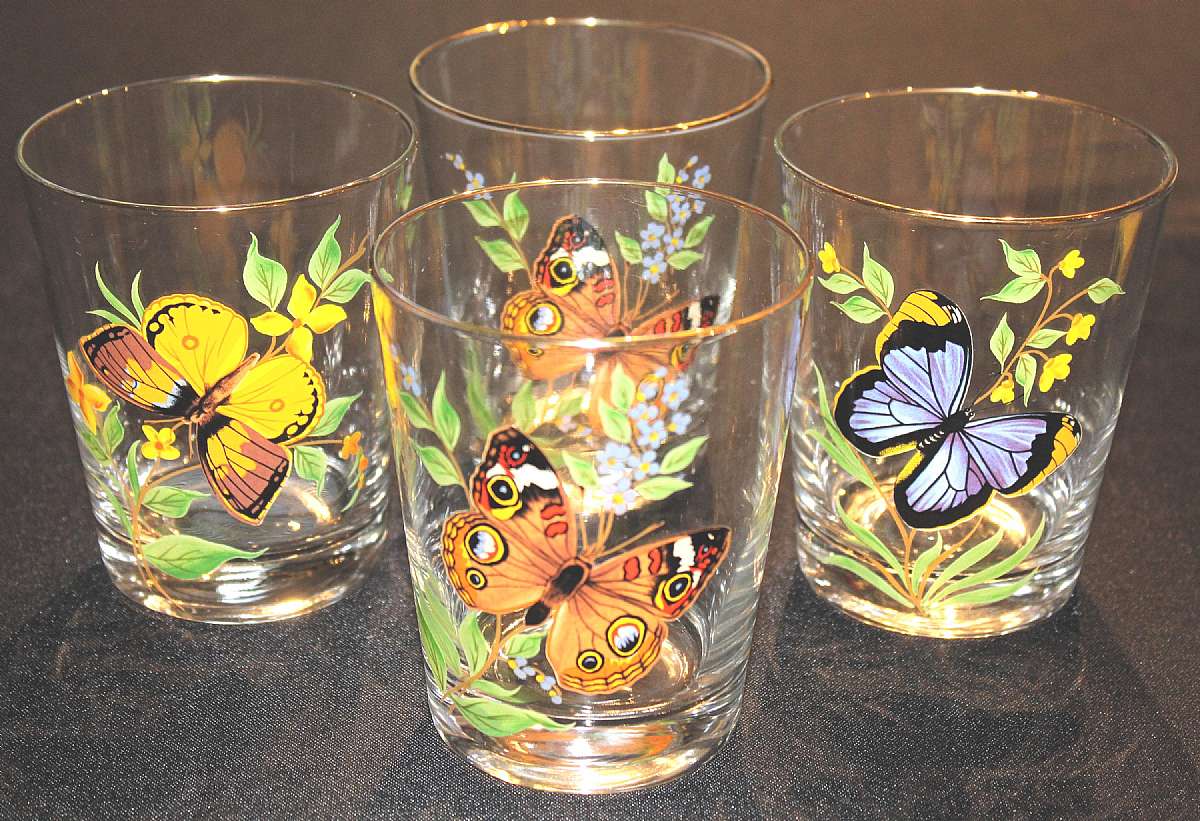 Up for sale are these four  Double Rocks Glasses With Butterfly Designs in good condition with no chips or cracks. They do have some gold wear on the rim. They measure approx. 4 1/2" Tall by 3 5/8"W.Shipping Excludes: Alaska/Hawaii, US Protecto