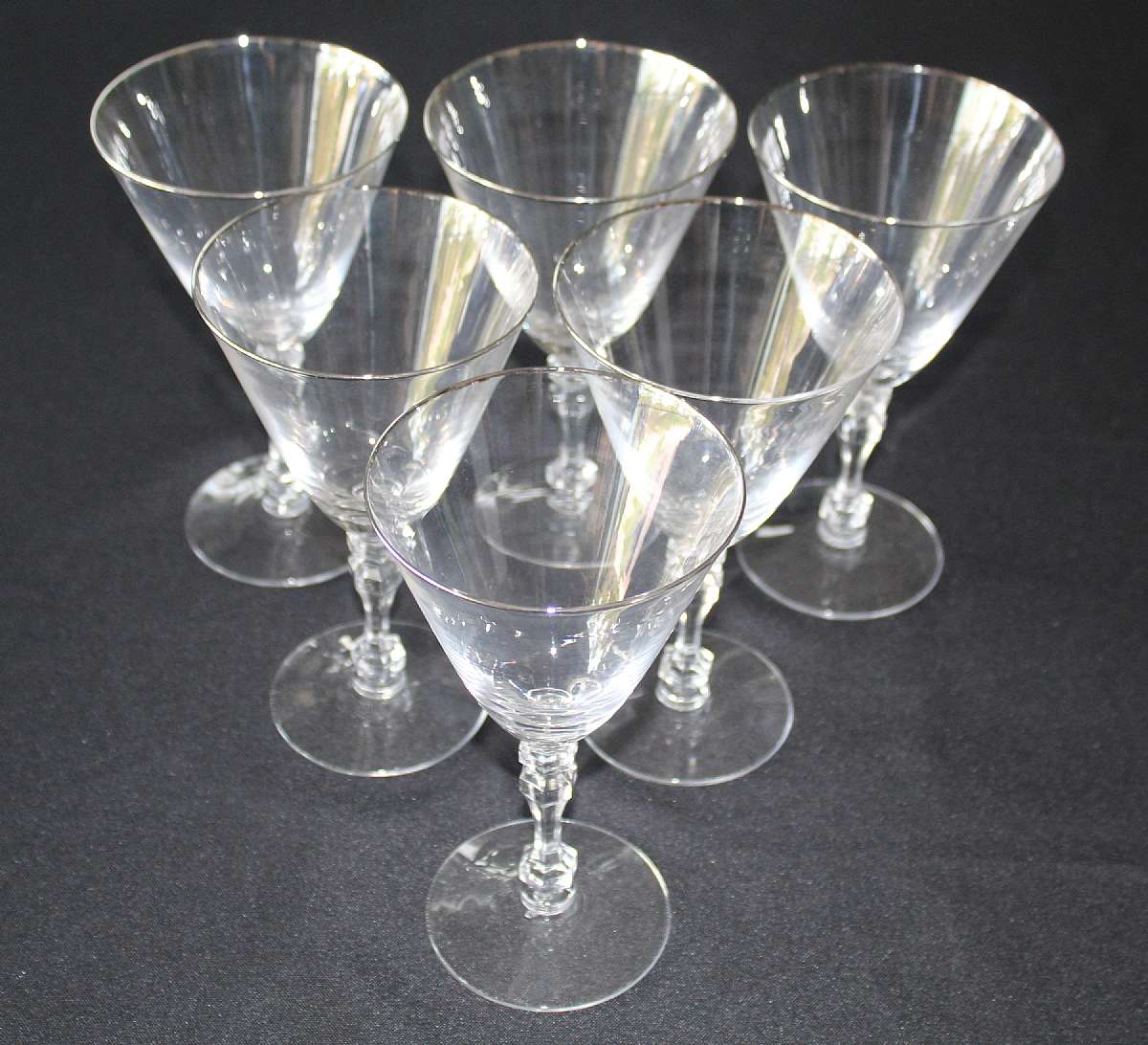 Up for sale are these Tiffin Montclair Set Of Six Water Goblets Circa 1953 - 1979 in excellent condition with no chips or cracks. They measure approx. 7"T by 4"W.Shipping Excludes: Alaska/Hawaii, US Protectorates, APO/FPO, PO BoxShipping Provi