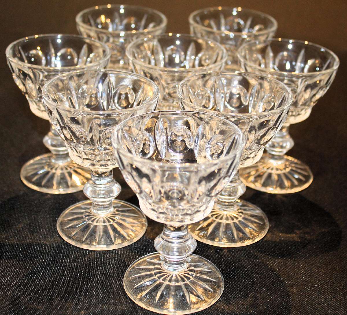 Up for sale are these Colony Glass Classique Set Of Eight Liquor Cocktail Glasses in great condition with no chips or cracks. They measure approx. 4 inches tall by 2 7/8"W.Shipping Excludes: Alaska/Hawaii, US Protectorates, APO/FPO, PO BoxShipping