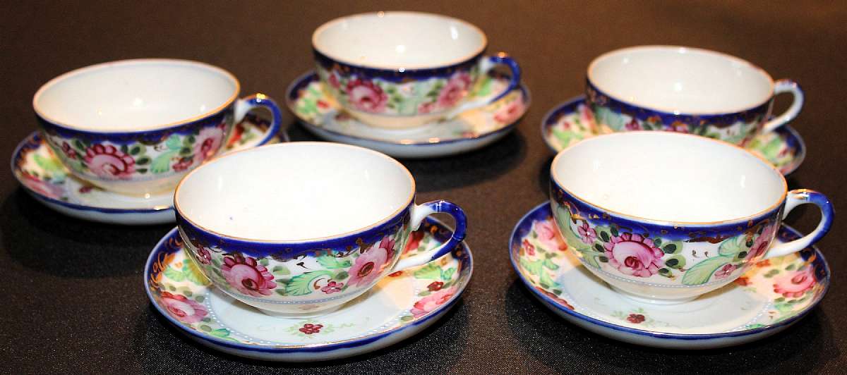 Up for sale are these Five Antique Unmarked Cup & Saucer Sets. Nice set. The cups measure approx. 1 7/8"T. There are no chips or cracks. There are some manufacturers defects in the glaze.  Shipping Excludes: Alaska/Hawaii, US Protectorates, APO/