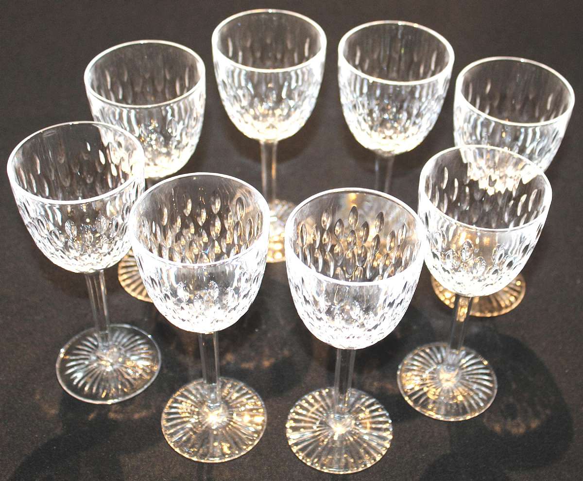 Up for sale are these Gorgeous Set Of Eight High End Crystal Wine Liquor Cocktail Glasses in excellent condition with no chips or cracks. The glasses measure approx. 6 3/8 inches tall & about 2  3/4 inches wide. Shipping Excludes: Alaska/Hawaii, US P