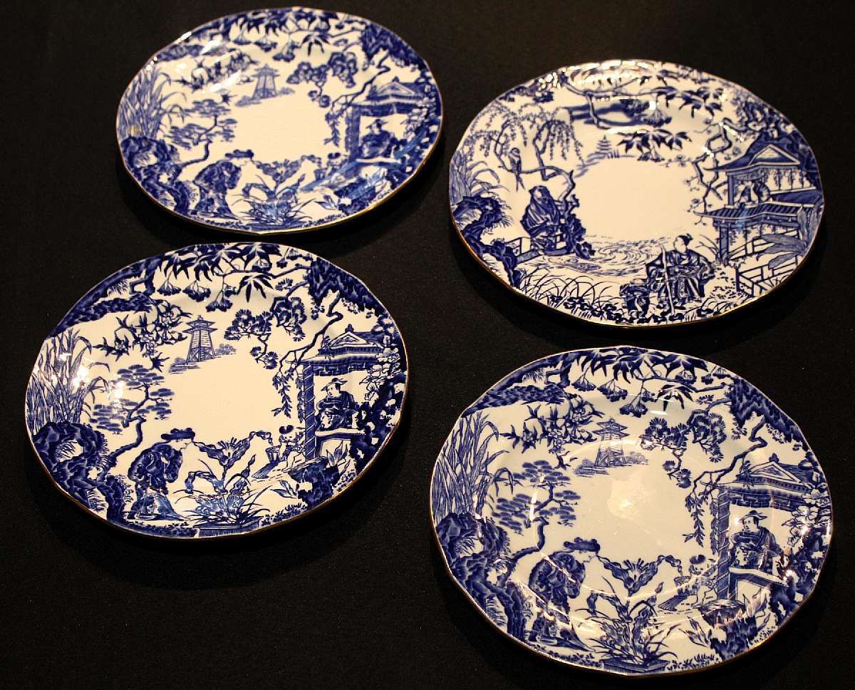 Up for sale are these Royal Crown Derby Blue Mikado Set Of Three Salad & One Luncheon Plate in great condition with no chips, cracks or crazing. The salad plates measure approx. 8 1/4"W & the Luncheon Plate 9"W. Please see my other sales