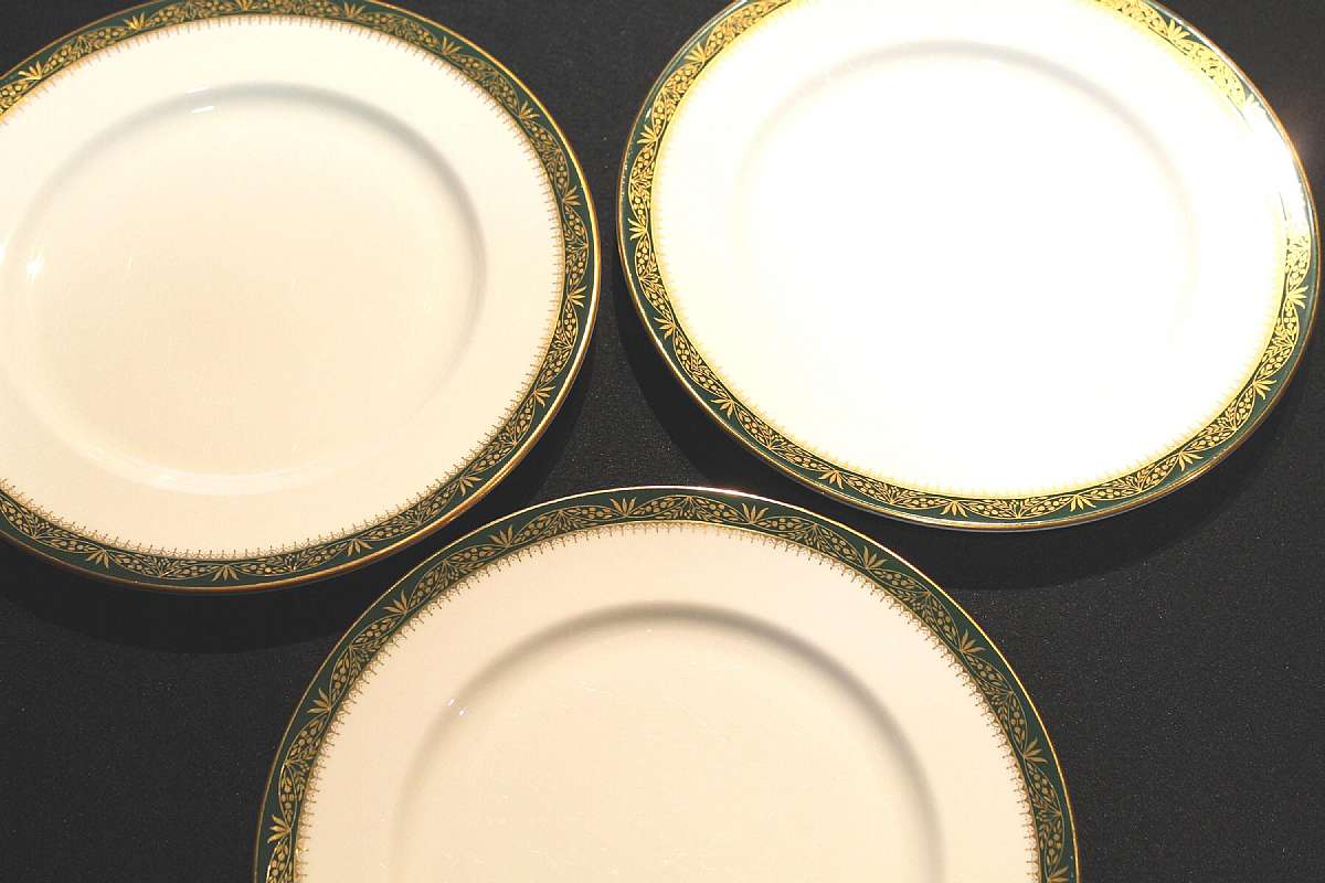 Up for sale are these Vintage Aynsley Chester Set Of Three Bone China Dinner Plates in great condition with no chips or cracks. The plates measure approx. 10 5/8 "W. There are some utensil marks from use. Shipping Excludes: Alaska/Hawaii, US Protect