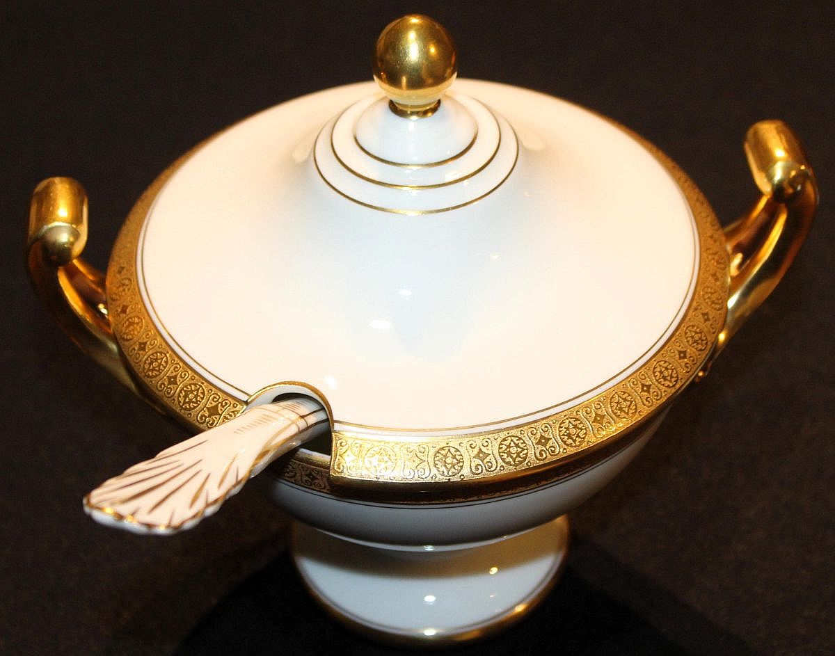 Antique Pirkenhammer Czechoslovakia Covered Sauce Tureen With Spoon & Gilded Mask Handles