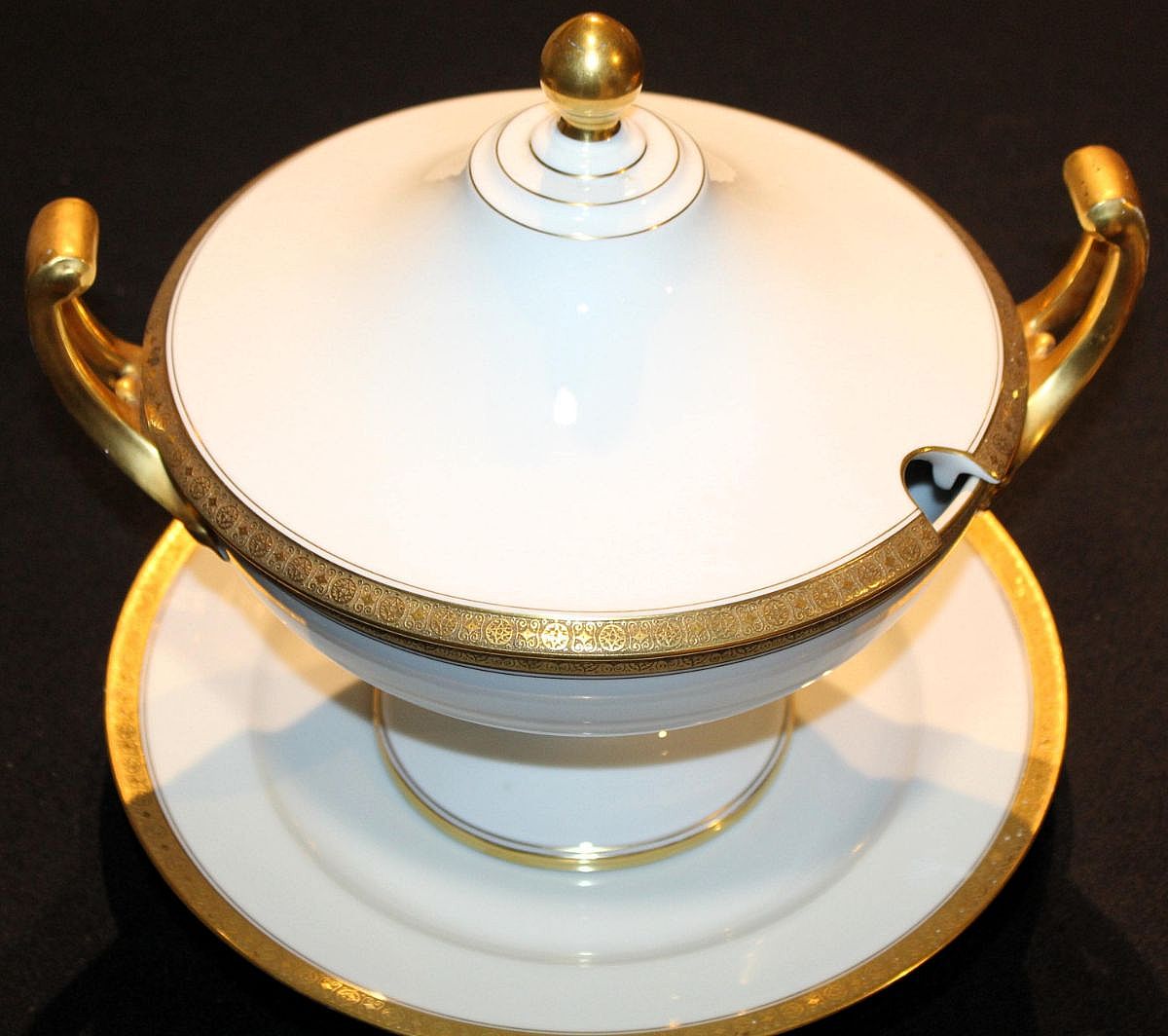 Antique Pirkenhammer Czechoslovakia Covered Tureen With Gilded Mask Handles & Plate