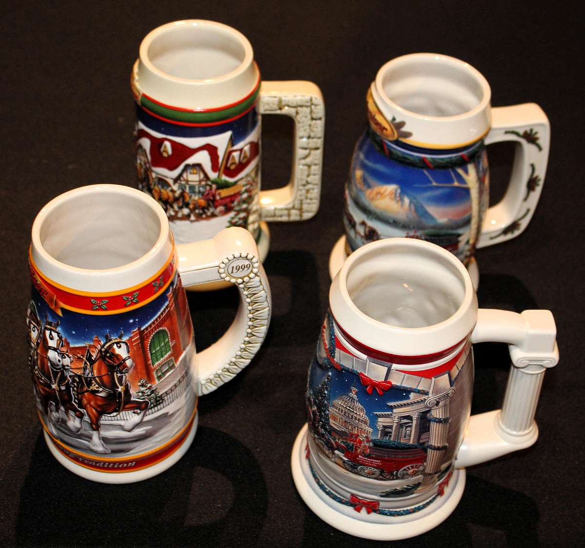 Up for sale are these Budweiser Set Of Four Collector Steins Mugs 1998-2001 in excellent condition with no chips or cracks.  Shipping Excludes: Alaska/Hawaii, US Protectorates, APO/FPO, PO BoxShipping Provided to the United States Only.