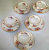 Up for sale are these Rorstrand Sweden Pattern 754 Flowers Gold Trim Set Of 5 Demitasse Cups & Saucers. No chips, cracks or crazing. The cups measure approx. 3 inches wide and about 1 7/8 inches tall. The saucers measure approx. 4 3/4 inches wide.