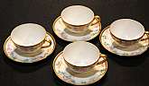 Up for sale is this Royal Bayreuth Antique Pink Rose Floral Set Of 4 Cups & Saucers in great condition with no chips, cracks or crazing. Minor Gold Wear. The saucers measure approx. 5 3/8"W and the cups 2"T by 3 5/8"W. This mark was use